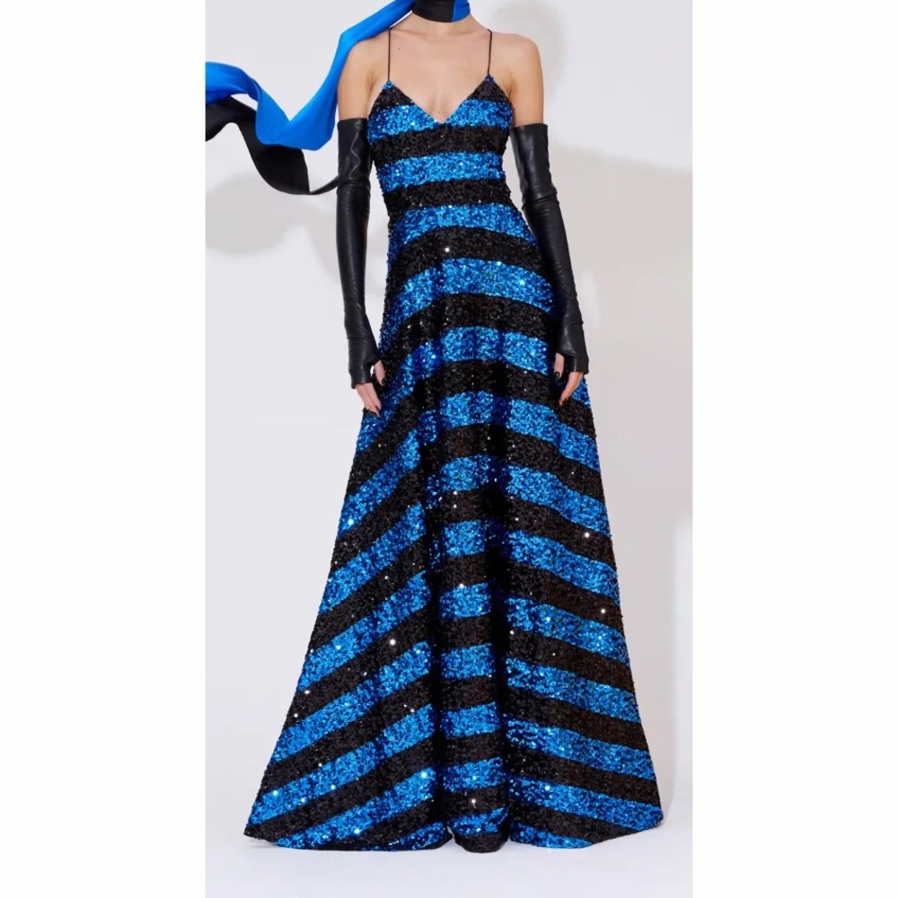Alice + Olivia Domenica Sequin Gown Maxi Dress Sapphire Blue Black Stripe 12